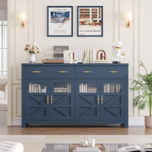 ONLY 9.99 (regularly 0)  Laurel Foundry Modern Farmhouse Almus 55’’ Sideboard with 4 Glass Doors, 2 Large Drawers and Adjustable Shelves